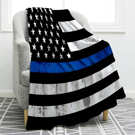 Blue Line Police Blanket United States Police Flag Print Gifts for Men Boy Dad Husband Son Adult Home Bedroom Living Room Decor Soft Cozy Lightweight Plush Throw Blankets 50"x60"