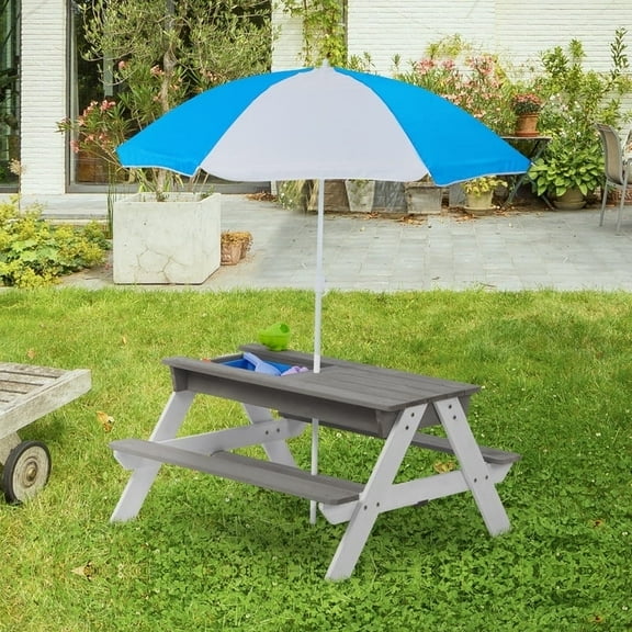 JXXRZ Wooden Kids Picnic Table, Sand and Water Table with Umbrella, Activity Table for Outdoor Backyard Patio Play