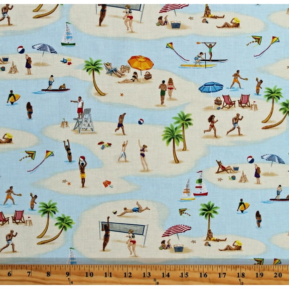 Cotton Beach Volleyball Sunbathing Umbrellas Palm Trees People Life Guards Summer Vacation Island Fun Cotton Fabric Print by the Yard (GM-C1169-MULTI)