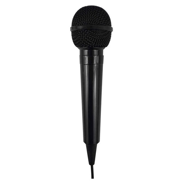microfono mitzu mitzu 12-1001n Multicolor — Vista frontal centrada de micrófono con cápsula de malla negra, cuerpo cilíndrico negro brillante y cable por la base; micrófono con cable frecuentemente usado para karaoke y presentaciones en vivo.