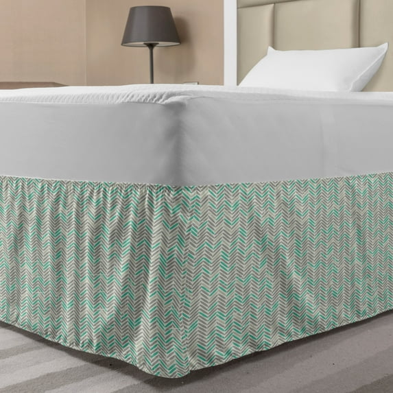 Grey Chevron Bed Skirt, Bohemian Style Zigzags in Vintage Tones Folk Art Grunge Illustration, Elastic Bedskirt Dust Ruffle Wrap Around for Bedding Decor, 4 Sizes, Sea Green and Pearl, by Ambesonne