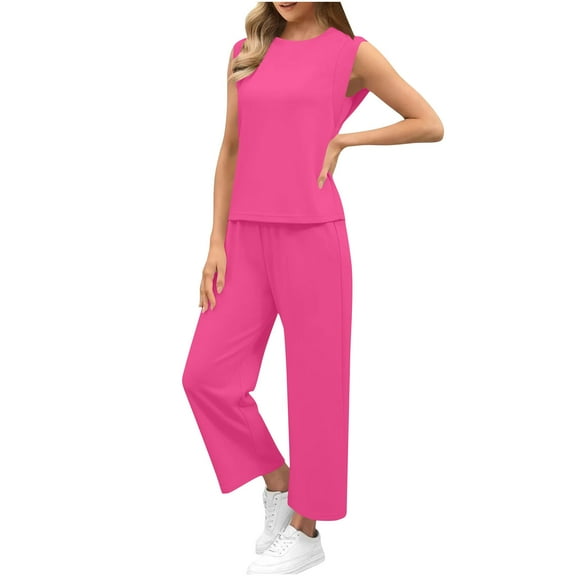 Oplxuo 2 Piece Sets for Women Casual Summer Travel Vacation Outfits Short Sleeve Wide Leg Crop Pants Lounge Sets