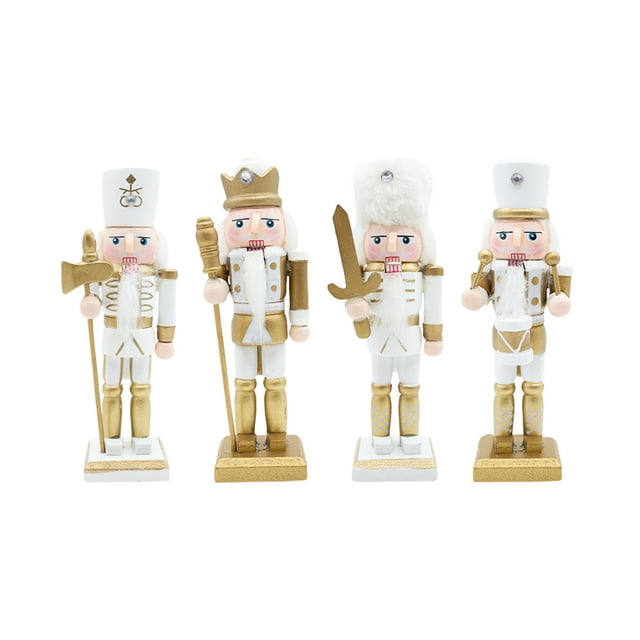 Set 4 Cascanueces De Madera 13cm Blanco Y Dorado Navideños
