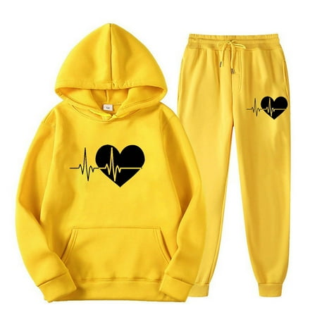 LMKIHUSA Women 2 Piece Outfits Sets Womens Loungewear Set Tow Piece Funny Graphic Long Sleeve Hoodie and Jogger Sweatpants Ladies Comfy Sports Tracksuits Sweatsuit Outfits Yellow L