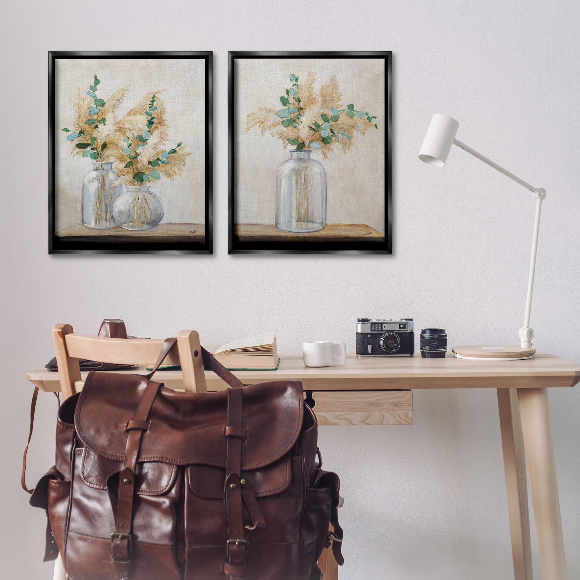 Stupell Industries Pampas Eucalyptus Bouquet Plants & Flowers Painting Black Floater Framed Canvas Art Print Wall Art, 31 x 25, Set of 2