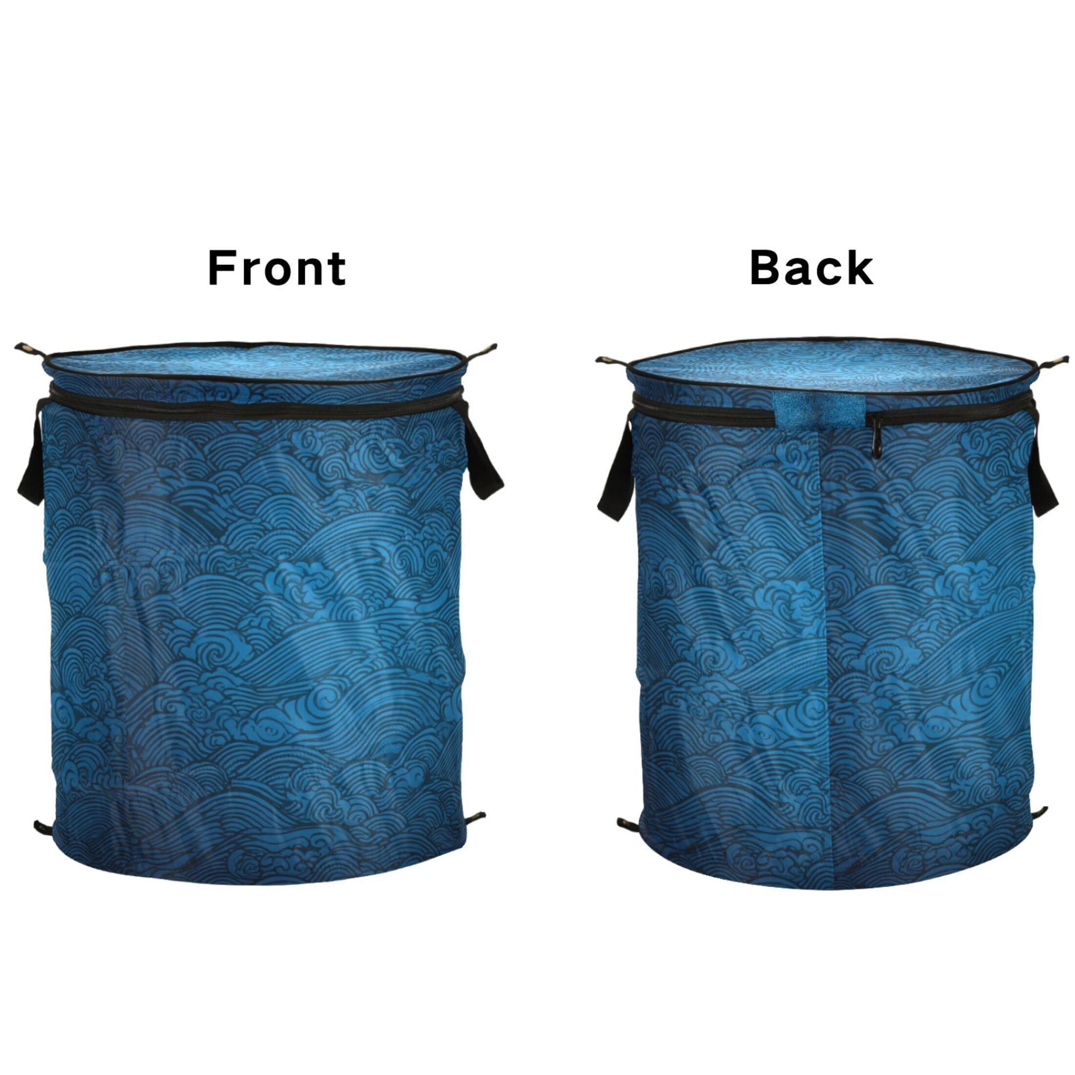 50L Extra Large Popup Hamper Collapsible Laundry Basket With Zippered Lid 15.7x18.5in Water Waves in Deep Blue