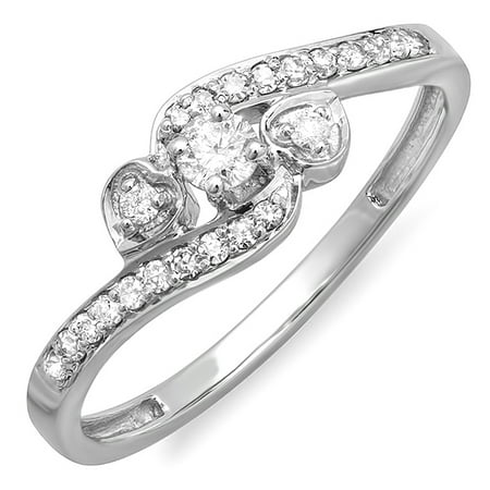 - 0.25 Carat (ctw) 14k White Gold Round Diamond Bridal Promise Heart 3 Stone Swirl Engagement Ring 1/4 CT