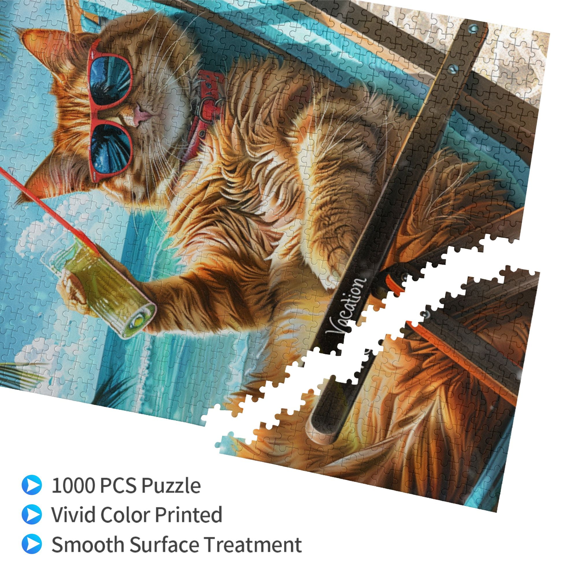 1000 pcs 1000 Piece Vibrant Wooden Jigsaw Puzzle Cat's Beach Time,Unique Artwork for Adults,Funny Cat's Beach Time Stress relieving puzzle 1000 Piece,Great for Relaxation and Display for Puzzle Lover