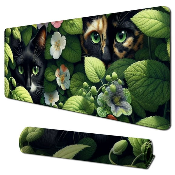 Green Desk Mat XL Cat Cute Plant Cool Desk Pad Keyboard Mat Flower Mouse Pad Green Desk Mat Desk Decor with Stitched Edges Non-Slip Large Computer Mat