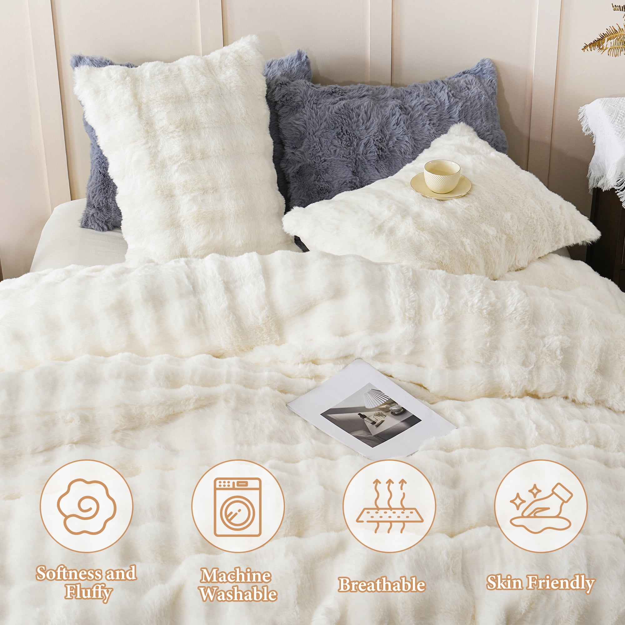 BLEUM CADE 3 Piece Fluffy Comforter Set King Size,Fuzzy Soft Faux Rabbit Fur Bedding Set Off -White,Shaggy Plush Duvet Cover Set with 2 Pillowcases