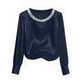 thumbnail image 3 of Women's Elegant Pearl Embellished Satin Round Neck Long Sleeve Blouse Shirt Top Loose Fit Gorgeous Commuting Business Casual Office Wear Gift for Women | CSEONE,Navy XL, 3 of 9