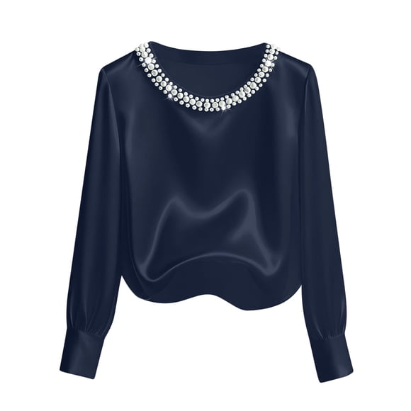 BLVB Womens Going out Satin Tops Pearl Elegant Silky Office Work Shirts Long Sleeve Evening Party Blouses