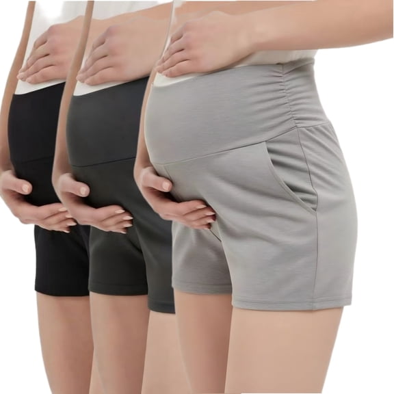 Yawrut Maternity 3Pack Yoga Shorts High Waist Over Bump, Soft Stretchy Pregnancy Lounge Shorts with Pockets
