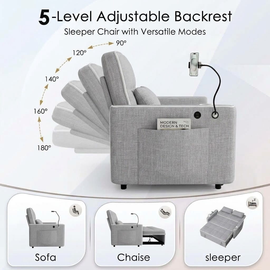 Howcool 54" Convertible Sleeper Sofa Bed, Pull Out Loveseat Couch with USB Port, Phone Holder & Cup Holder, Adjustable Backrest, Velvet Sofa for Living Room, Apartment, Light Gray