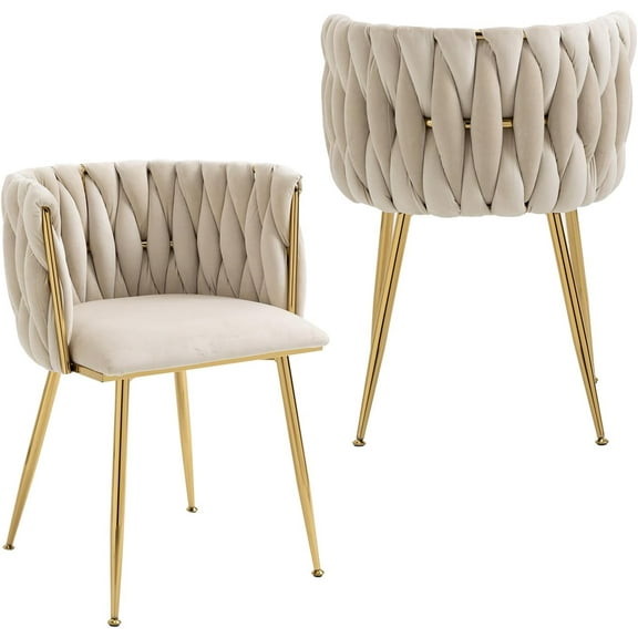 Velvet Dining Chairs Set of 2, Woven Upholstered Dining Chairs with Gold Metal Legs, Modern Accent Chairs for Living Room, Dining Room, Kitchen