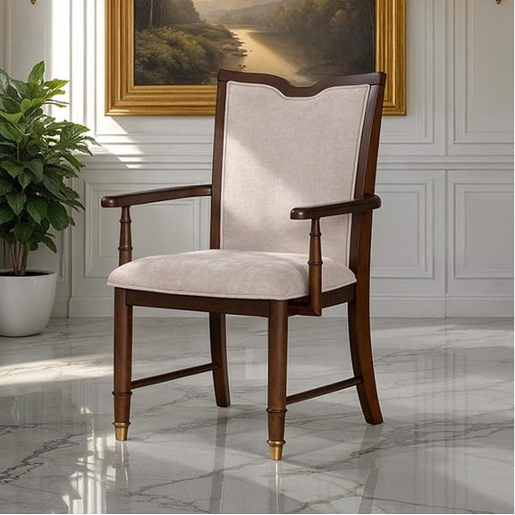 Transitional Style 2pc Dining Arm Chairs Upholstered Chair Back And Cushion Gold Capped Legs Dark Cherry Finish Dining Room Furniture