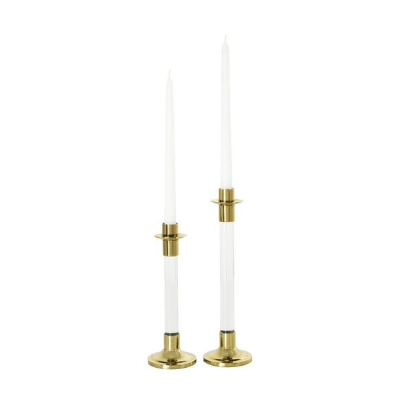 DecMode 2 Candle Gold Stainless Steel Candle Holder with Clear Glass Center, Set of 2