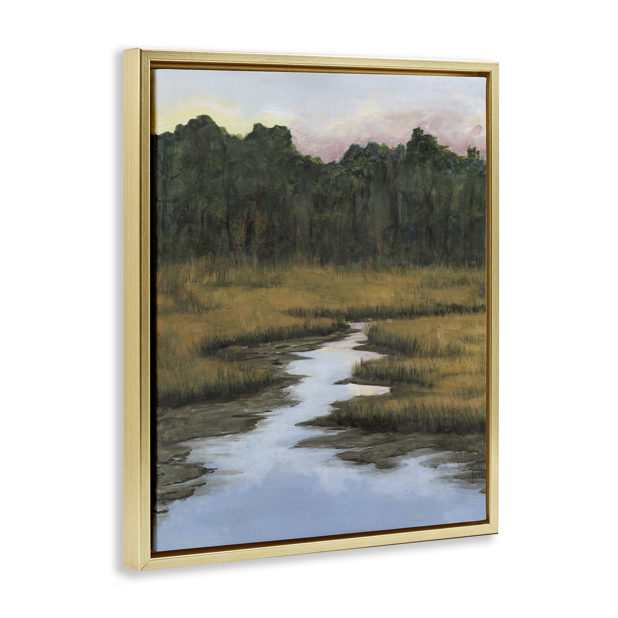 Stupell Industries Peaceful River Receding Landscape & Nature Painting Gold Floater Framed Canvas Art Print Wall Art, 17 x 21