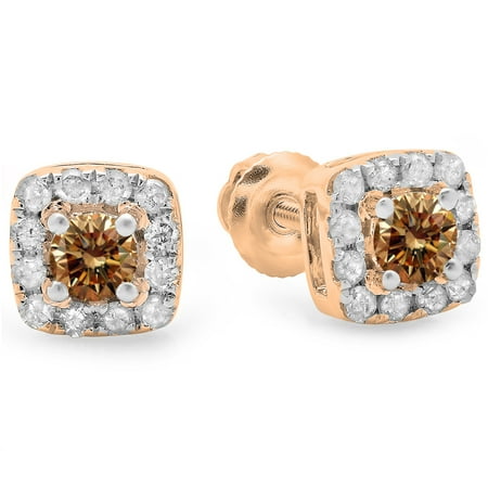 Gold Champagne Diamond Earrings - 0.50 Carat (ctw) 10K Rose Gold Round Cut Champagne & White Diamond Ladies Square Frame Halo Stud Earrings 1/2 CT