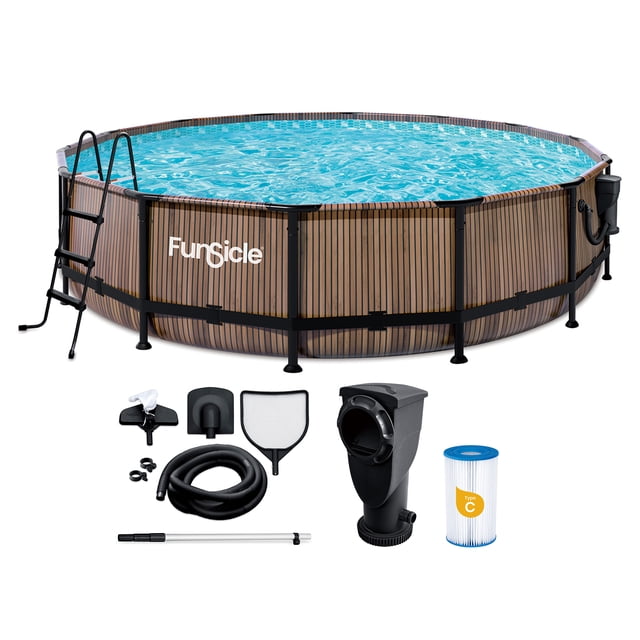 Funsicle 14ft x 42in Round Oasis Designer Above Ground Pool, Natural Teak with SkimmerPlus Filter Pump, Age 6 & up