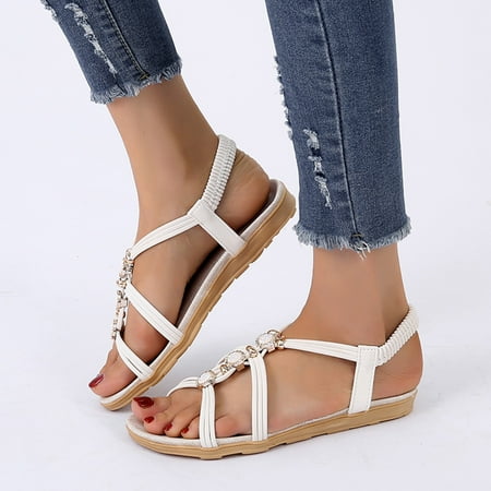 

Uinagy Ladies Fashion Suede Rhinestone Elastic Band Open Toe Flat Roman Sandals