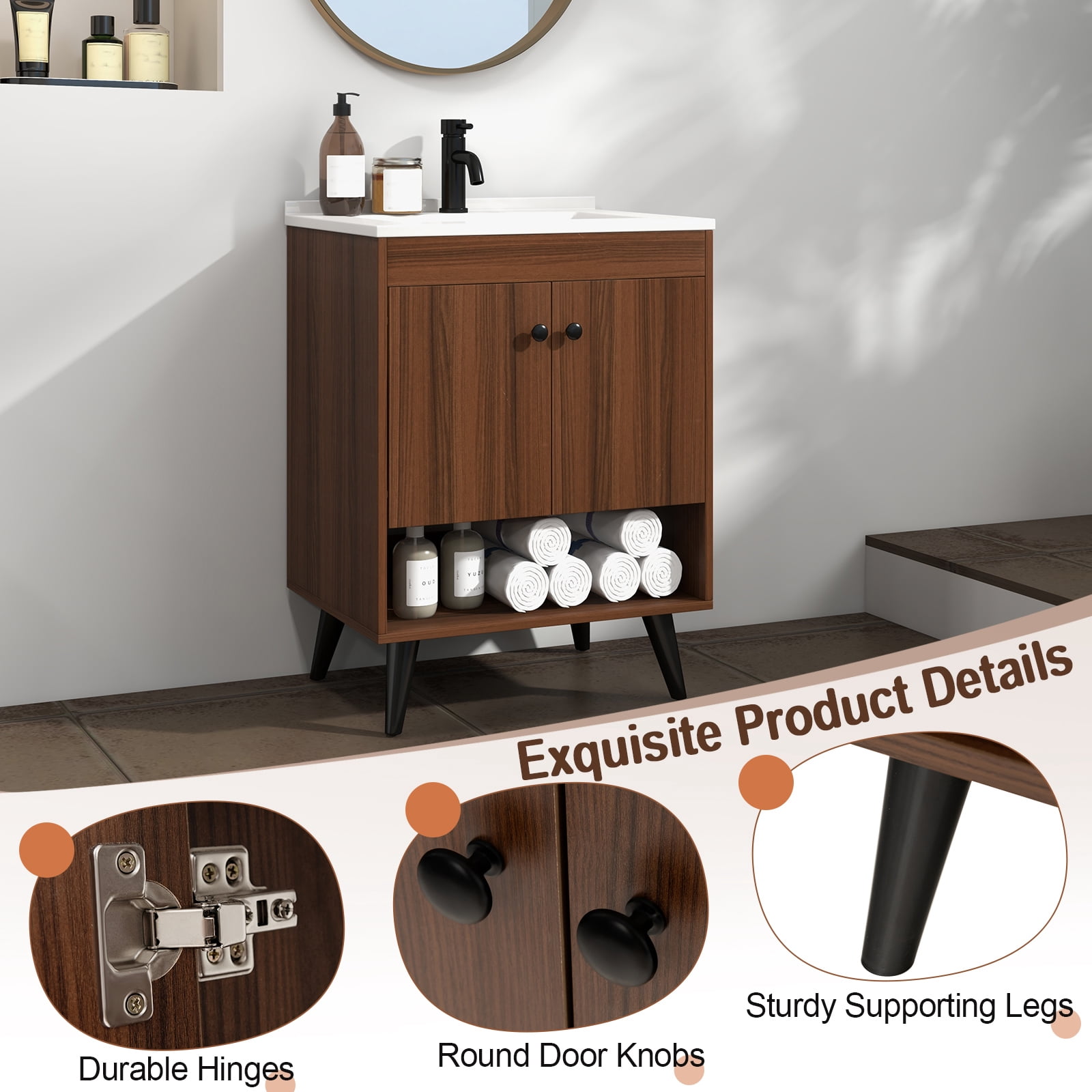 Giantex 25” Bathroom Vanity w/Sink Combo, Freestanding Cabinet, Wooden Faucet and Pop Up Drain