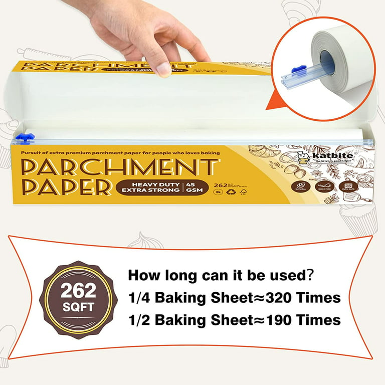 Katbtie Unbleached Parchment Paper Roll with Slide Cutterfor Baking 12in x  262ft, 260 Sq.Ft,Brown