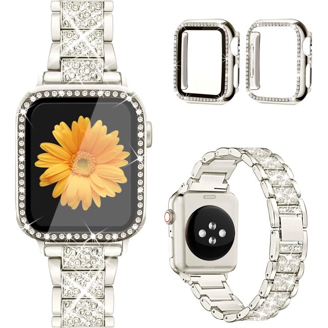 REQO Compatible for Apple Watch Band with Screen Protector Case, Jewelry Replacement Bands 46mm 45mm 44mm 42mm 41mm 40 mm 38mm 2 Pack Protective Cover for iWatch Series 10/9/8/7/6/5/4/3/2/1/SE Women