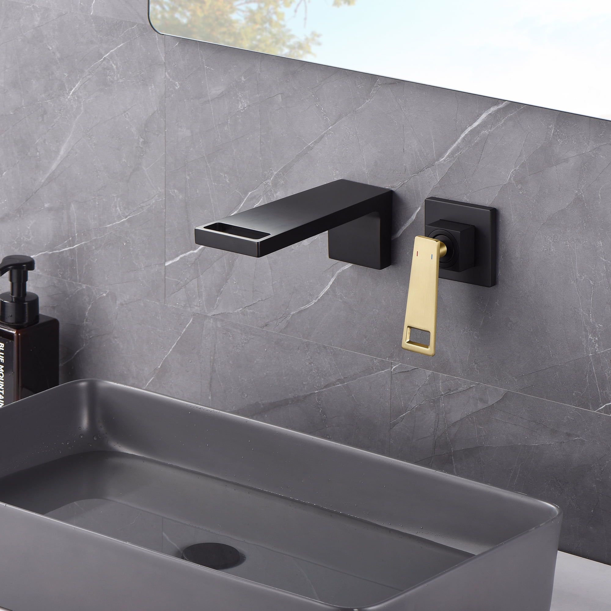 SUMERAIN Wall Mount Bathroom Faucet Single Handle Vessel Sink Faucet with Brass Rough-in Valve, Black and Gold