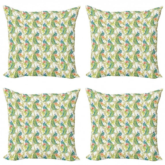Tropical Throw Pillow Cushion Case Pack of 4, Peacock Birds with Boho Feathers Birds on Exotic Hibiscus Leaf Branch, Modern Accent Double-Sided Print, 4 Sizes, Multicolor, by Ambesonne
