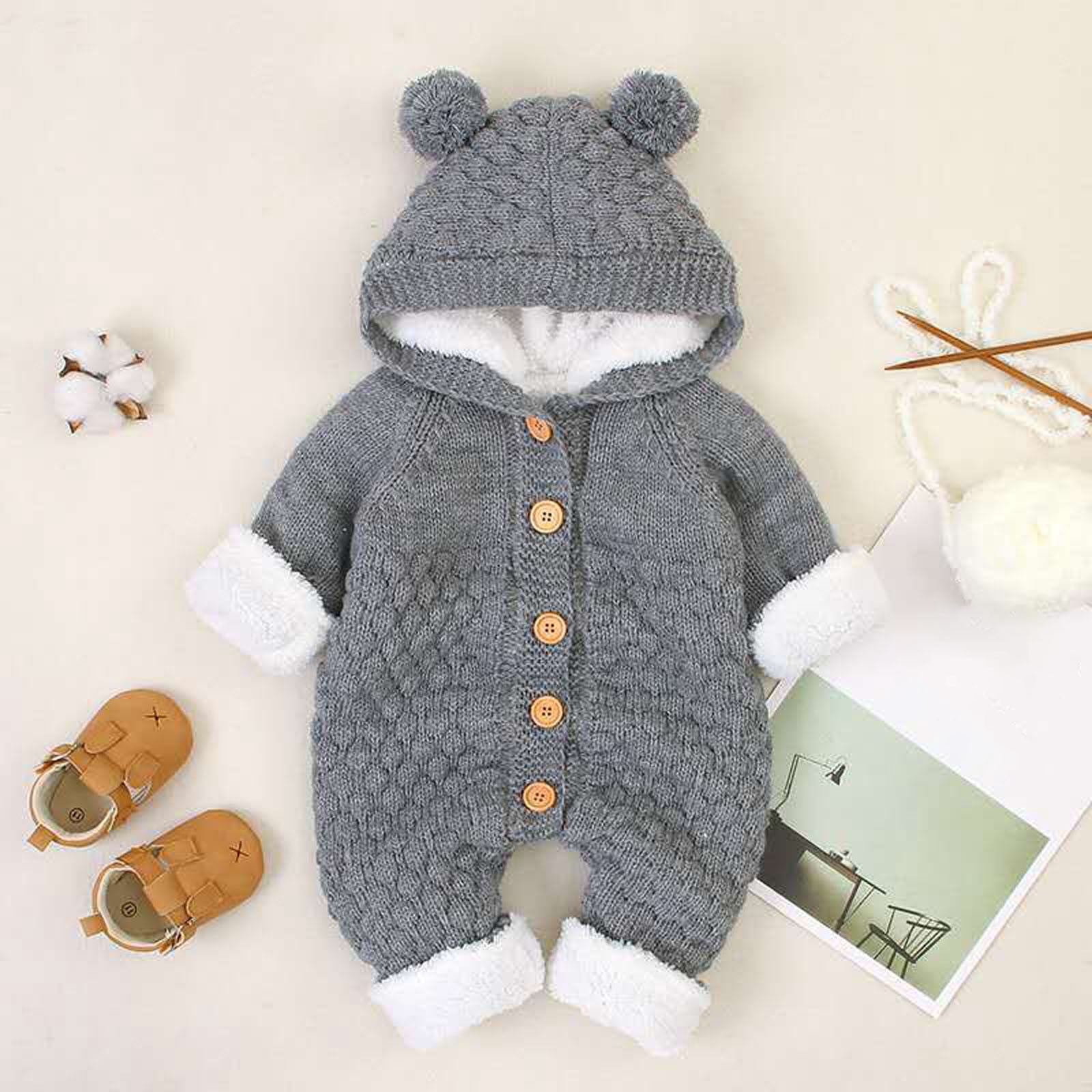 XYIJANI Clearance Baby Boy Clothes 6-9 Months Children's Plush Jumpsuit Autumn/Winter Solid Color Cute Cartoon Buckle Up Knitted Climbing Suit Party Birthday Outing Newborn Clothes (Gray,90)
