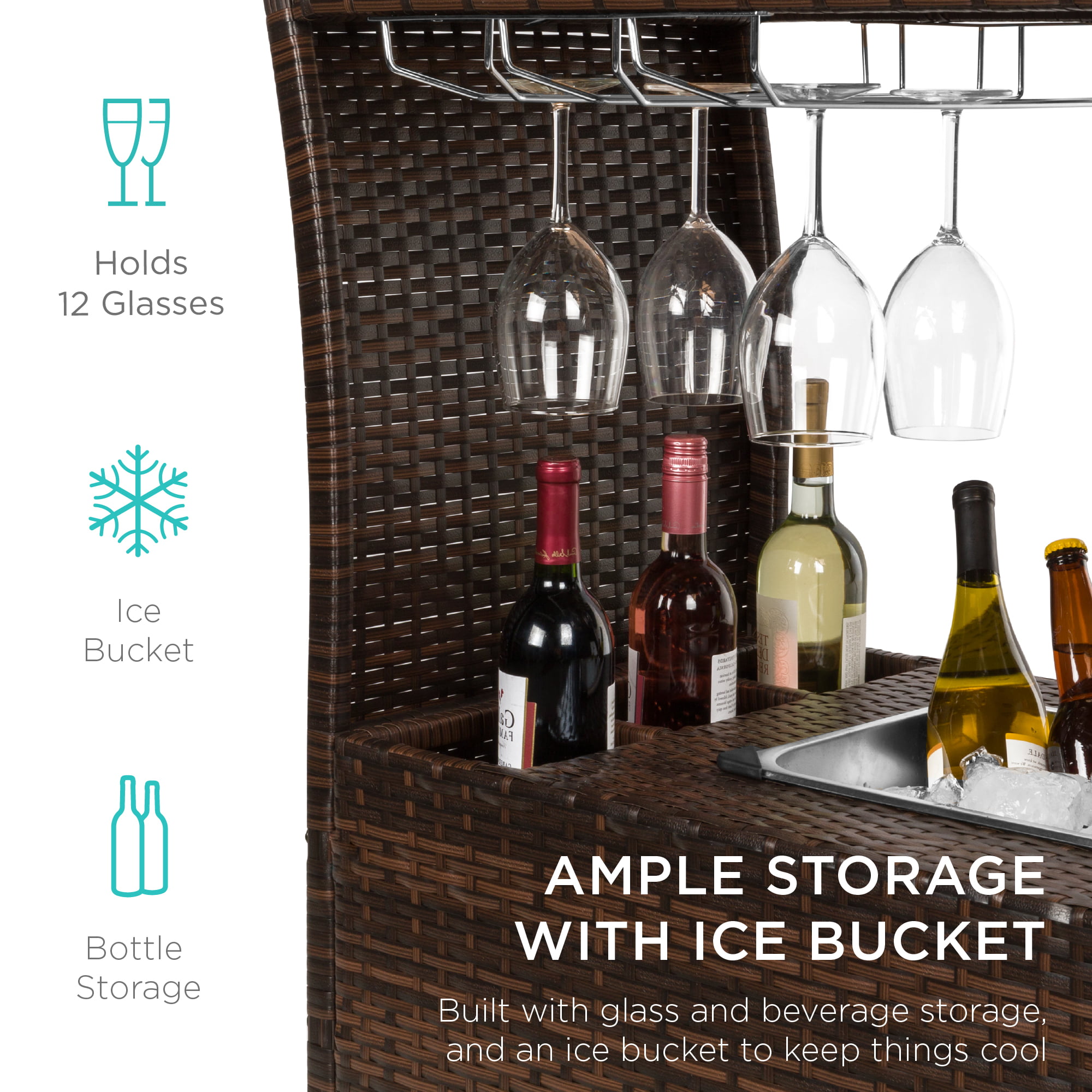 Best Choice Wicker Outdoor Bar Cart w/ Ice Bucket, Glass Top  display picture 1