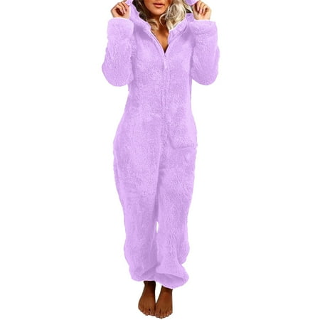 Rotm Fluffy Pajamas Womens Fleece Onesies Pajamas Jumpsuit Warm Sherpa Romper Sleepwear One Piece Zipper Hooded Playsuit Loungewear Purple 2XL