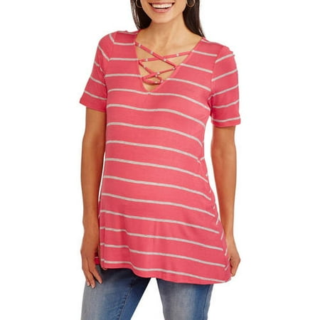 Inspire Maternity Short Sleeve Yarn-Dye Stripe Swing Tee with Lace-Up V-neck Knit