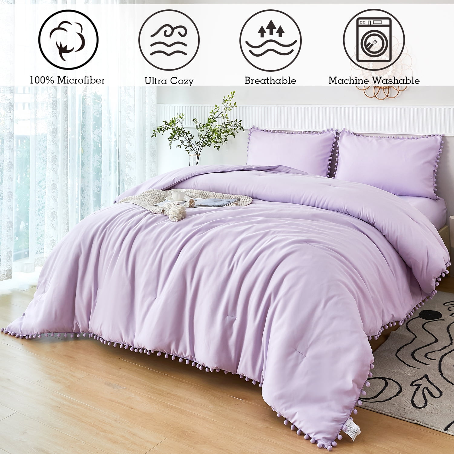 RYNGHIPY Lavender Twin Size Comforter Set for Girls Women 3 Pcs Purple Pom Ball Boho Bedding Set with Pillowcases 100% Microfiber Lightweight Breathable Quilt Set (Lavender, Twin)