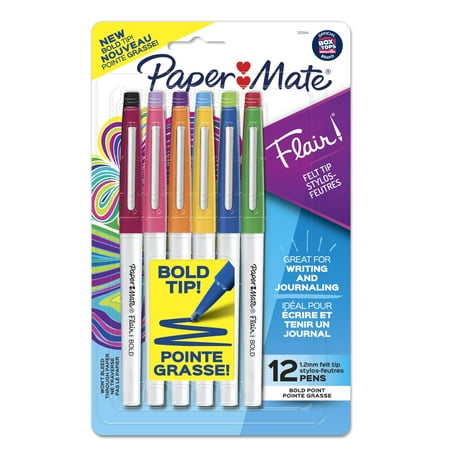 Paper Mate Flair Pens, Felt Tip Pens, Bold Tip (1.2 mm), Assorted Colors, 12 Count