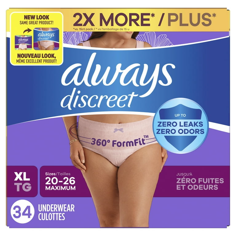 Always Discreet Adult Incontinence Underwear for Women, Size XL, 34 CT 