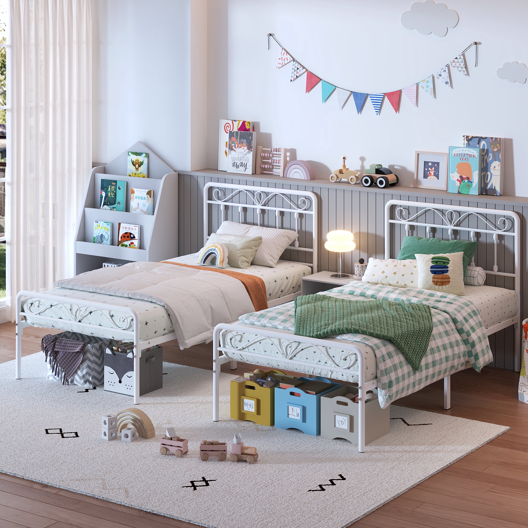 Yoneston Alden Designed Twin Metal Bed Frame with Vintage High Headboard for Kids Girls Boys Bedroom, White
