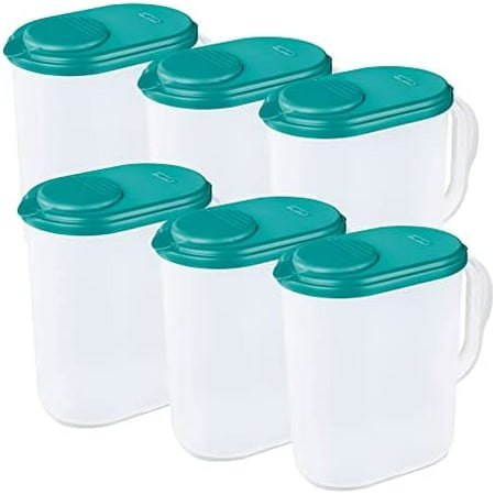 

Sterilite Ultra Seal Freezer and Dishwasher Safe 1 Gallon Drink Pitcher with Comfort Grip Handle and Measure Marks Clear/Blue (6 Pack)