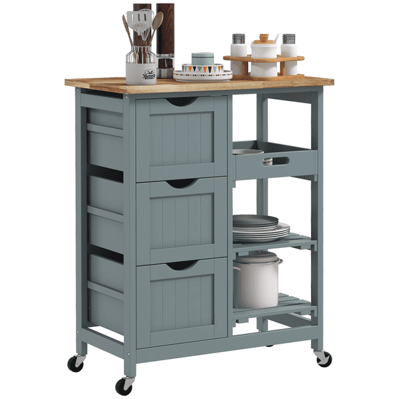 Rolling Kitchen Cart with Wood Top, Kitchen Island on Wheels, 3 Drawers & Shelves - Gray