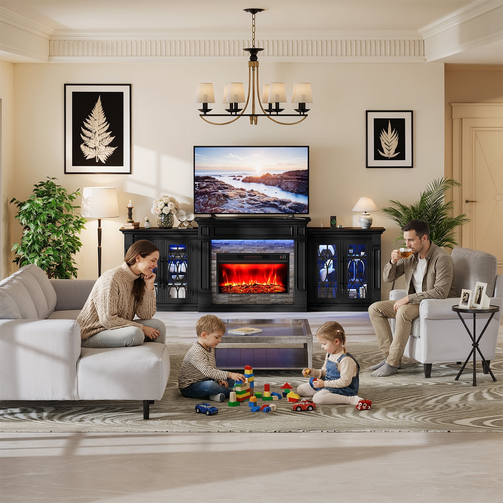 Holliwill 104" Fireplace TV Stand with 30" Electric Heater & LED Lights & Power Outlets, Modern Farmhouse Entertainment Center with Storage Cabinet for Living Room, Large Fireplace with Mantel, Black