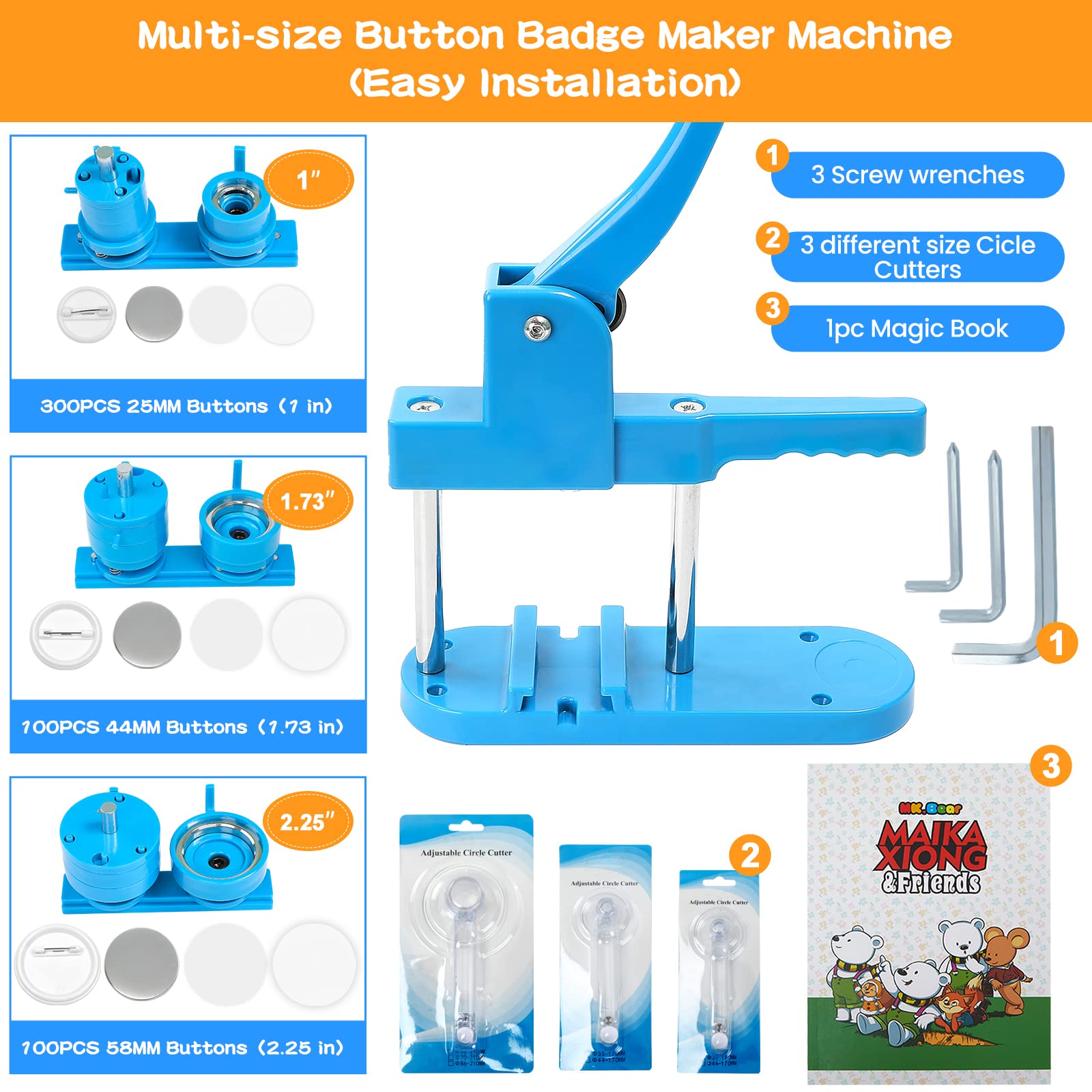 Alldeer Button Maker Machine Multiple Sizes, 1+1.73+2.25 inch Button Maker with 500 Sets Button Making Supplies for Kids, Magic Book, Cutter Machine