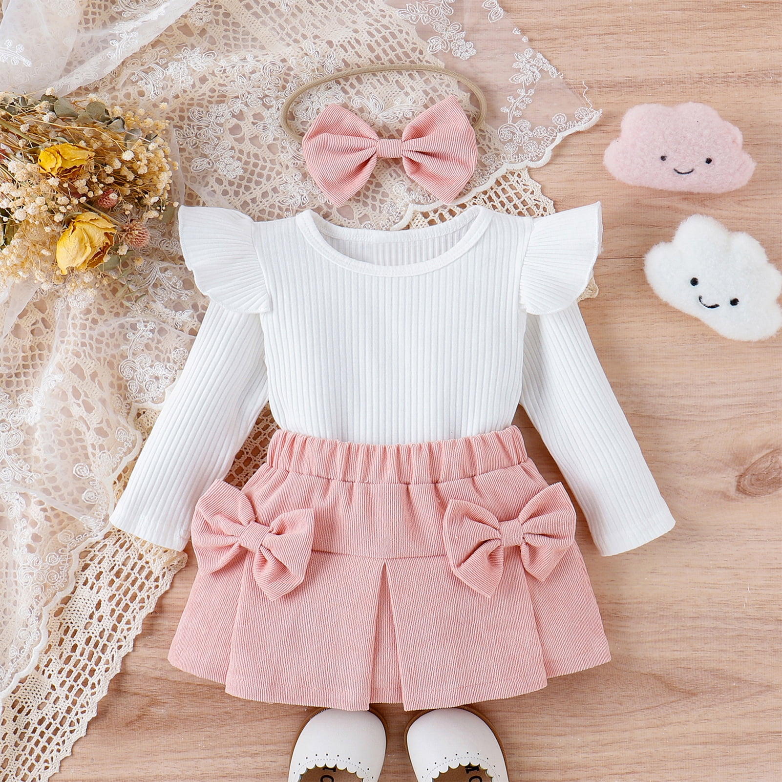 IWEMEK Baby Girl Outfits Fall Crewneck Fly Long Sleeve Knit Tops Fashion Cute Pink Skirt with Headwear 3Pcs Set 3-24M