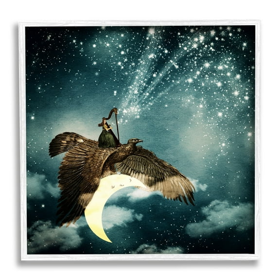 Stupell Industries Dreamy Surreal Bird Flying Moon Harp Galaxy Stars Framed Wall Art, 17 x 17, Design by Paula Belle Flores