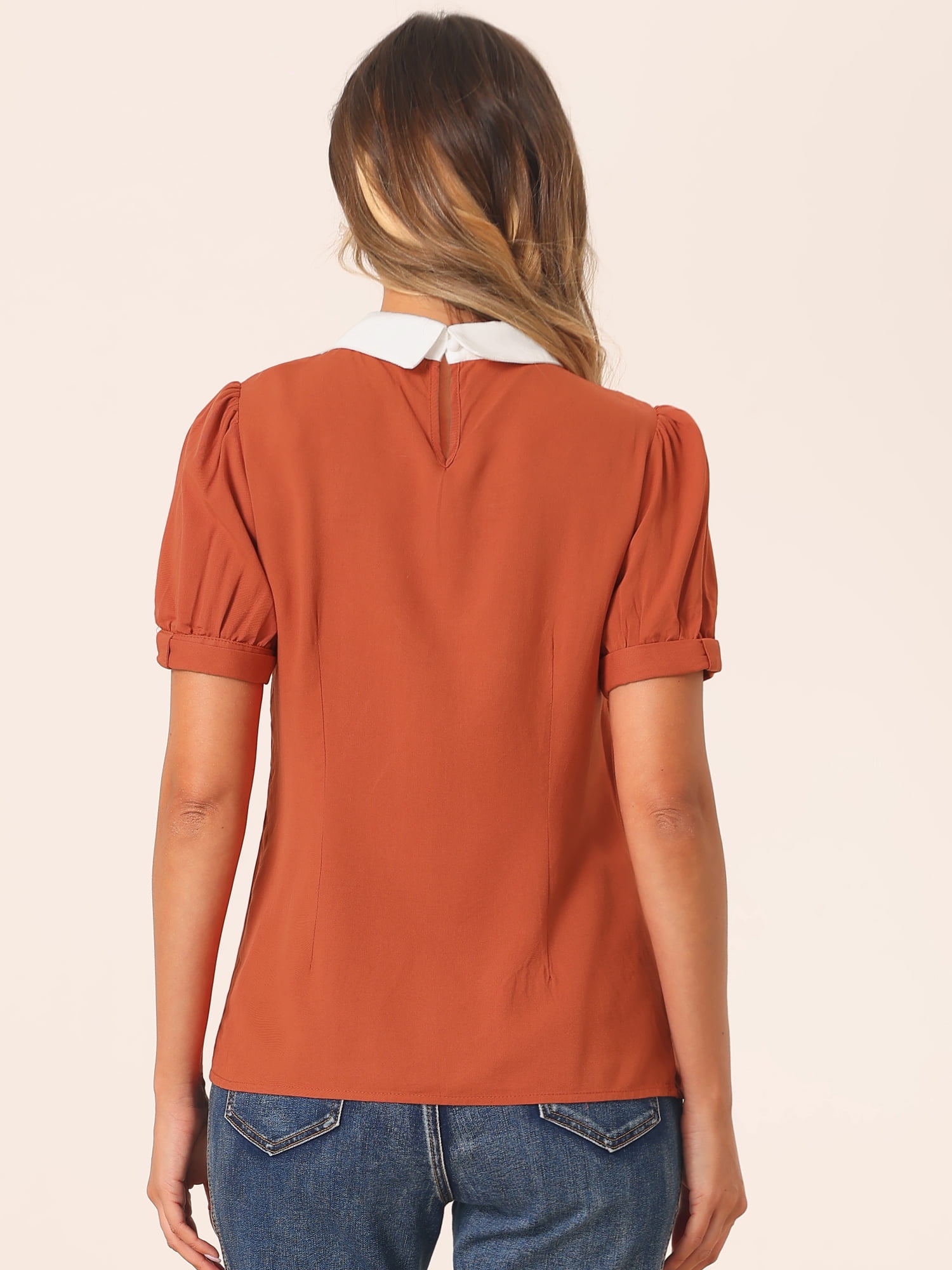 DARING DIVA Contrast Puff Short Sleeve Blouse Top S Caramel