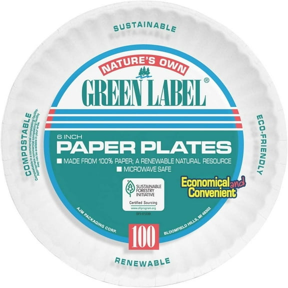 AJM Green Label Paper Plates Microwave Safe - 10 Pack, 6" Diameter, Green