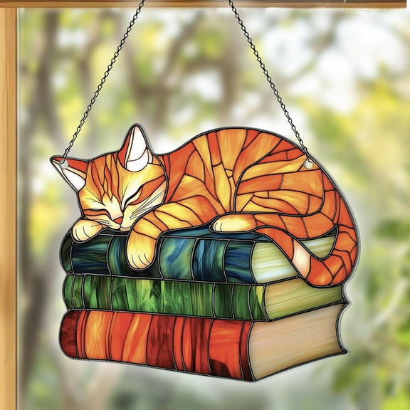 Cat Flat 2D Acrylic Suncatcher, Cat Ornaments, Cat Decor, Cat Gifts For Women Men, Orange Cat Sleeping on Book SunCatcher For Window Hanging