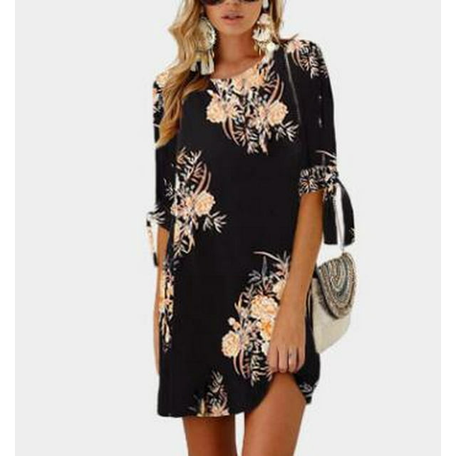 Robe une-Pièce à Manches Cinquième pour Femmes, Col Rond, Motif Floral Délicat, Coupe Ample