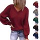 thumbnail image 4 of Suéter de Manga Larga para Mujer Casual Suelto Cuello en V Color Puro Mangas de Burbuja Jersey Suéter de Punto Top para Otoño Invierno Rojo XL, 4 of 6