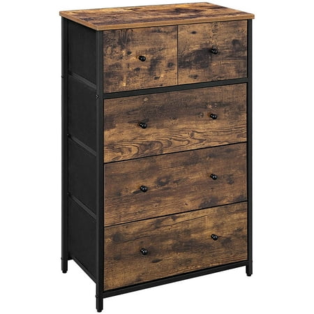 SONGMICS Drawer Dresser, Storage Dresser Tower with 5 Fabric Drawers, Wooden Front and Top, Industrial Style Dresser Unit, for Living Room, Hallway, Nursery, Brown and Black ULGS45H (B083J5S346)